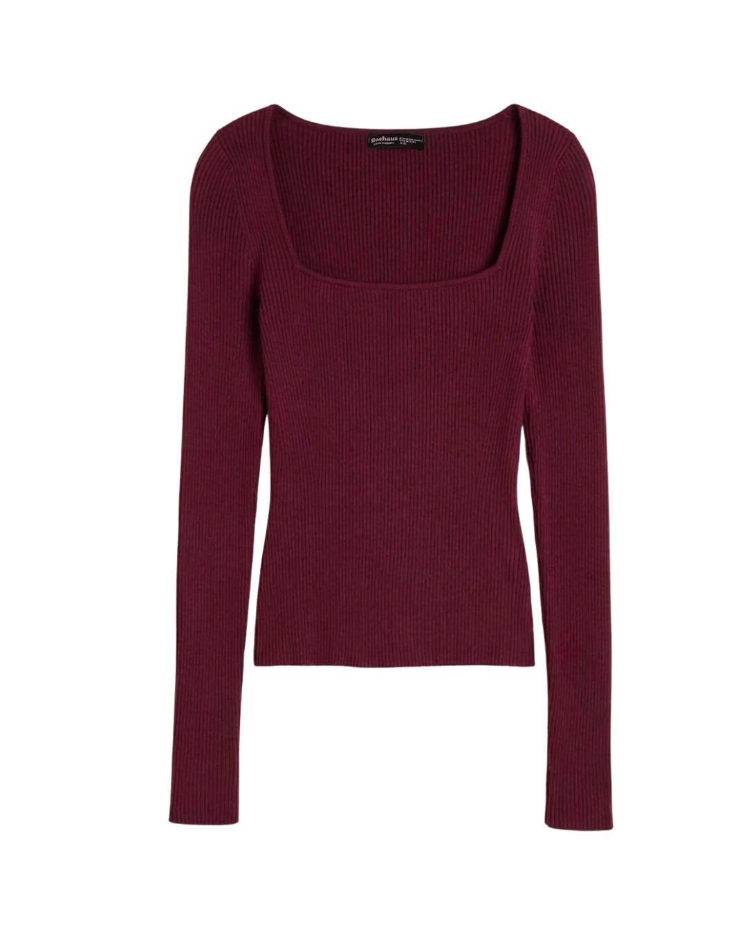Square Neck Long Sleeve Ribbed Knit Top - Christmas Red