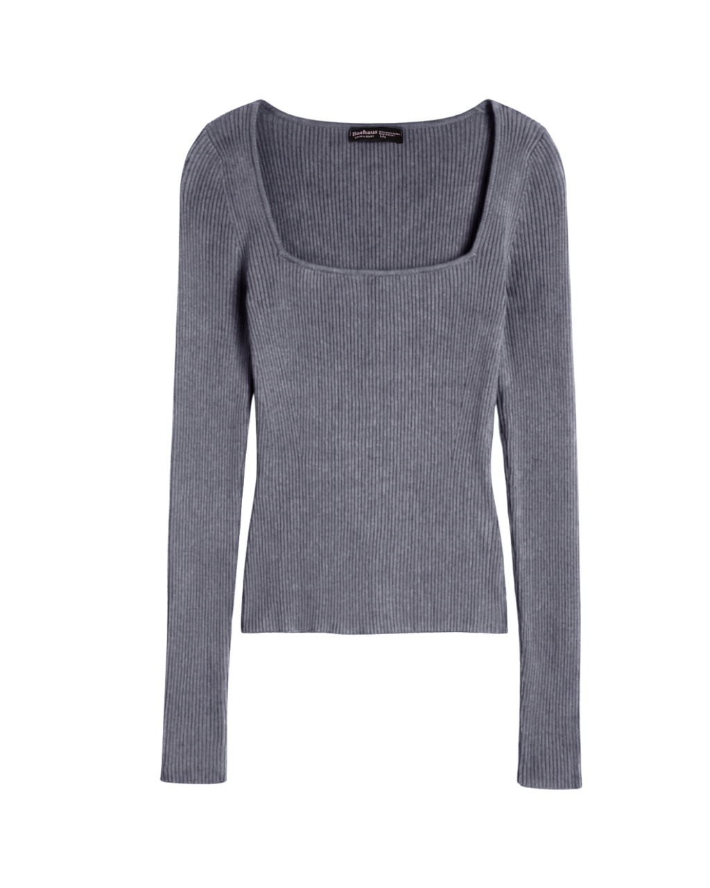 Square Neck Long Sleeve Ribbed Knit Top - Gray