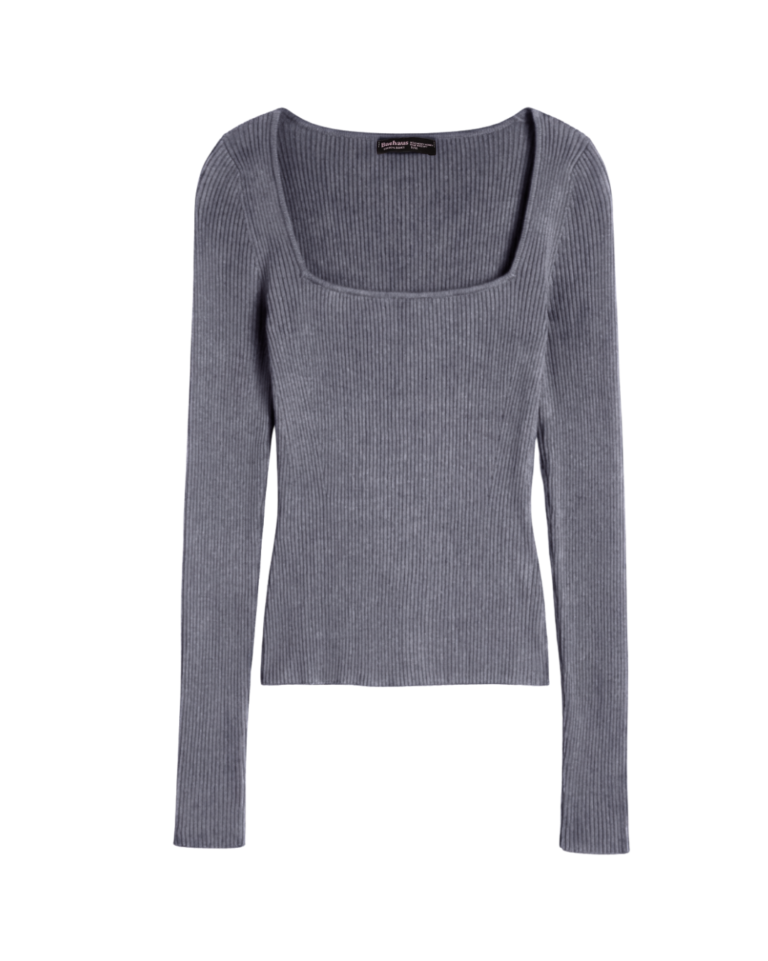 Square Neck Long Sleeve Ribbed Knit Top - Gray