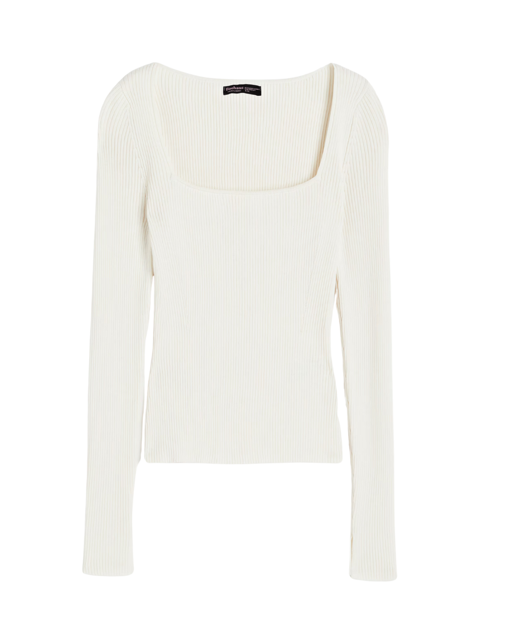 Square Neck Long Sleeve Ribbed Knit Top - White