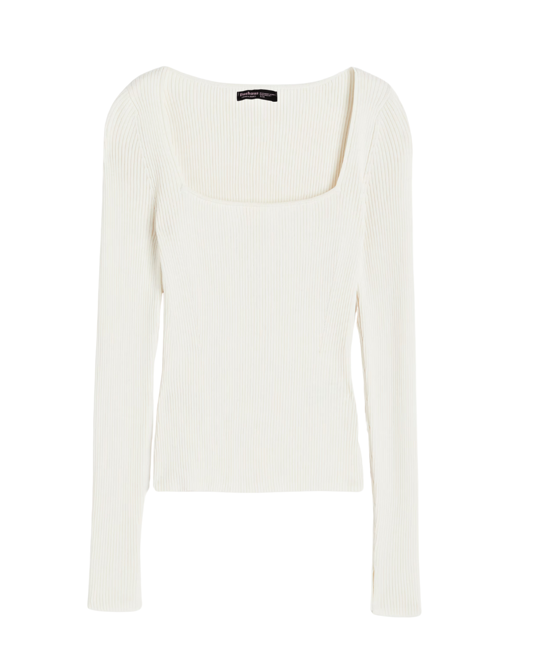 Square Neck Long Sleeve Ribbed Knit Top - White