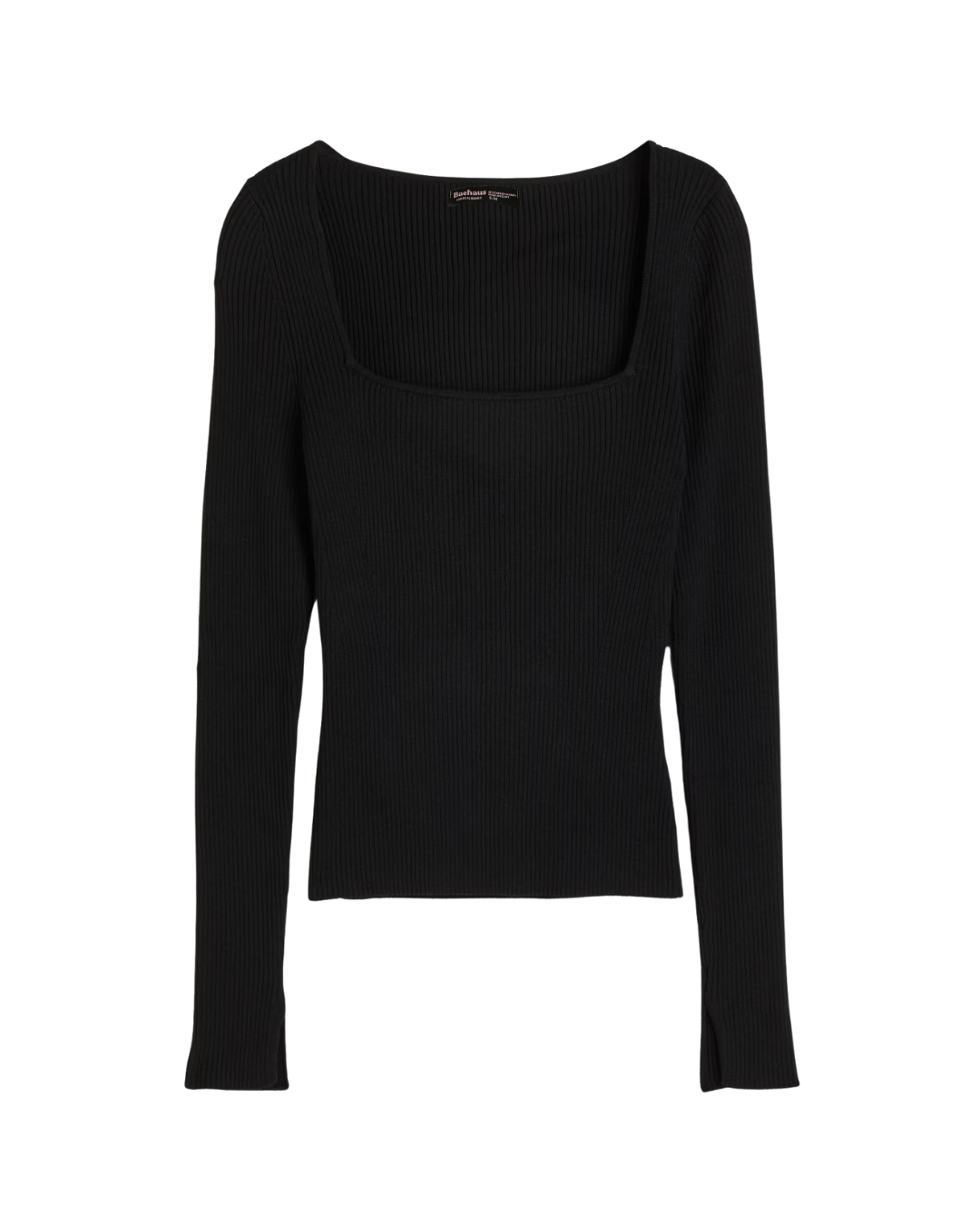 Square Neck Long Sleeve Ribbed Knit Top - Black