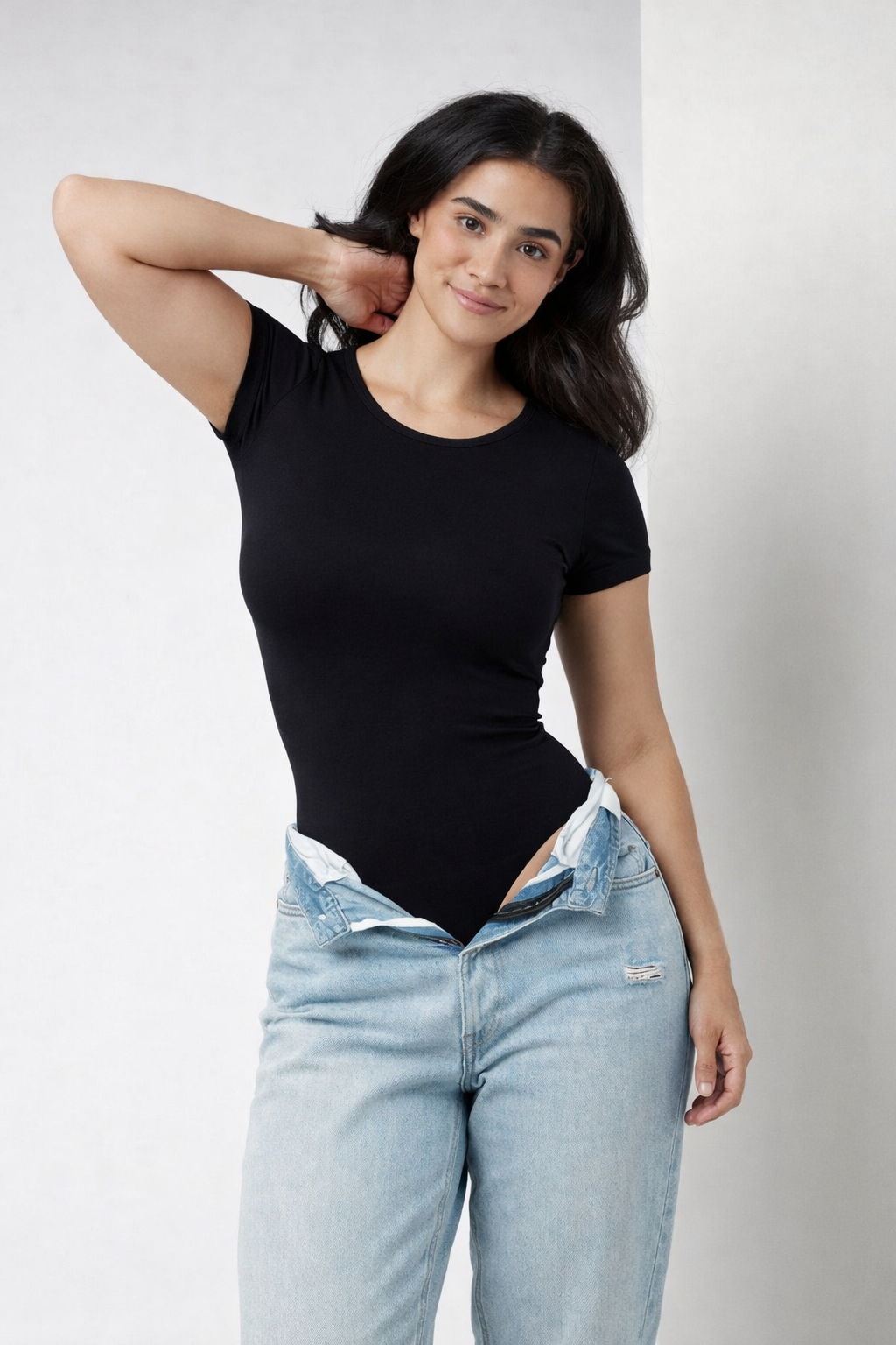 Crew Neck Short Sleeve Black Bodysuit