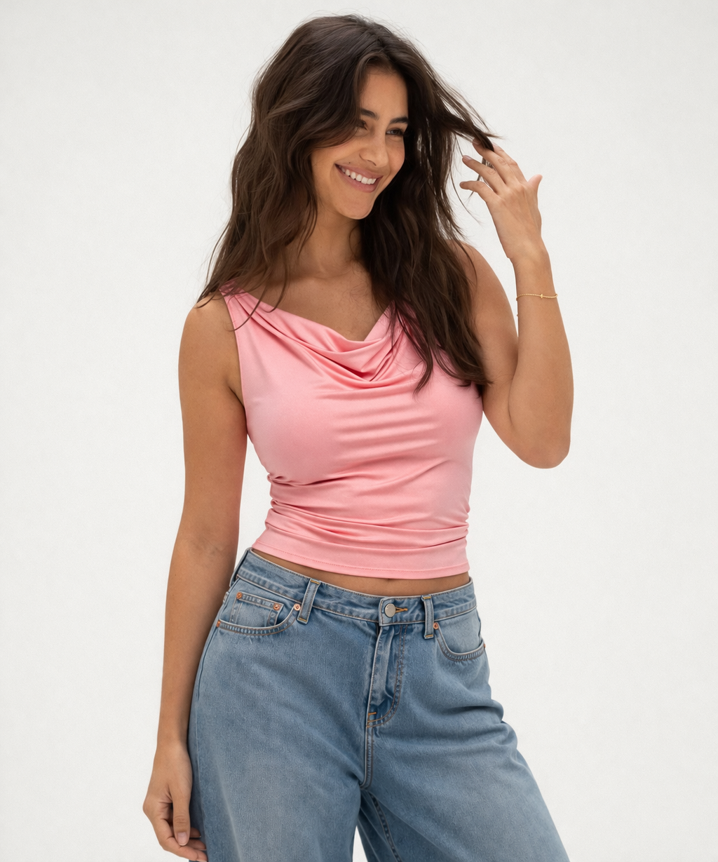 Cowl Neck Sleeveless Pink Top