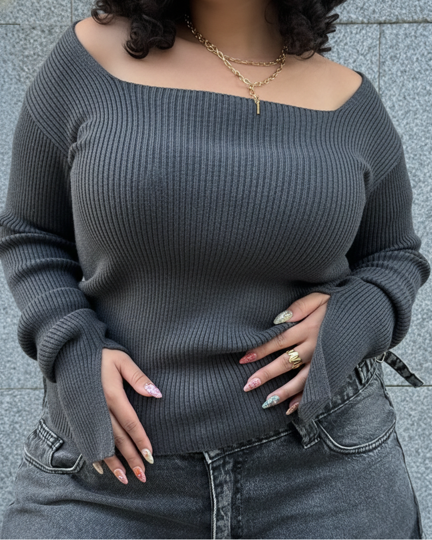 Square Neck Long Sleeve Ribbed Knit Top - Gray