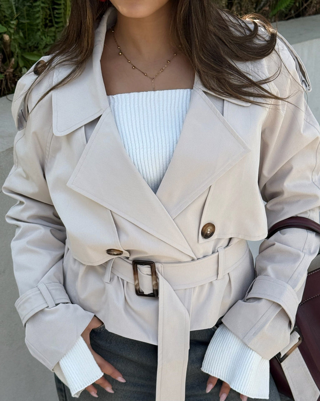 Cropped Lined Trench Coat with Belt – Beige