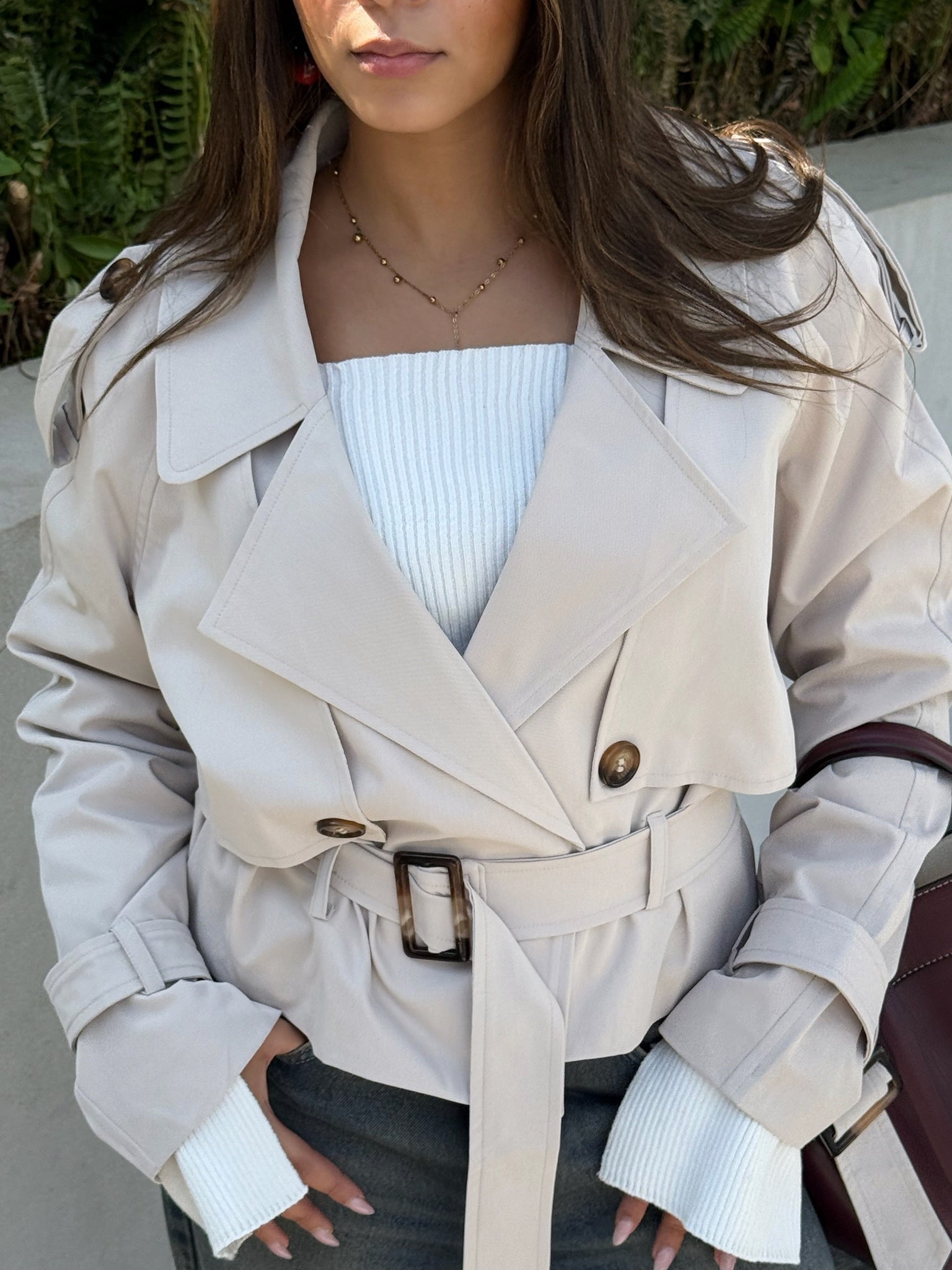 Cropped Lined Trench Coat with Belt – Beige