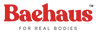 Baehaus logo with red text on a white background with tagline"For Real Bodies"