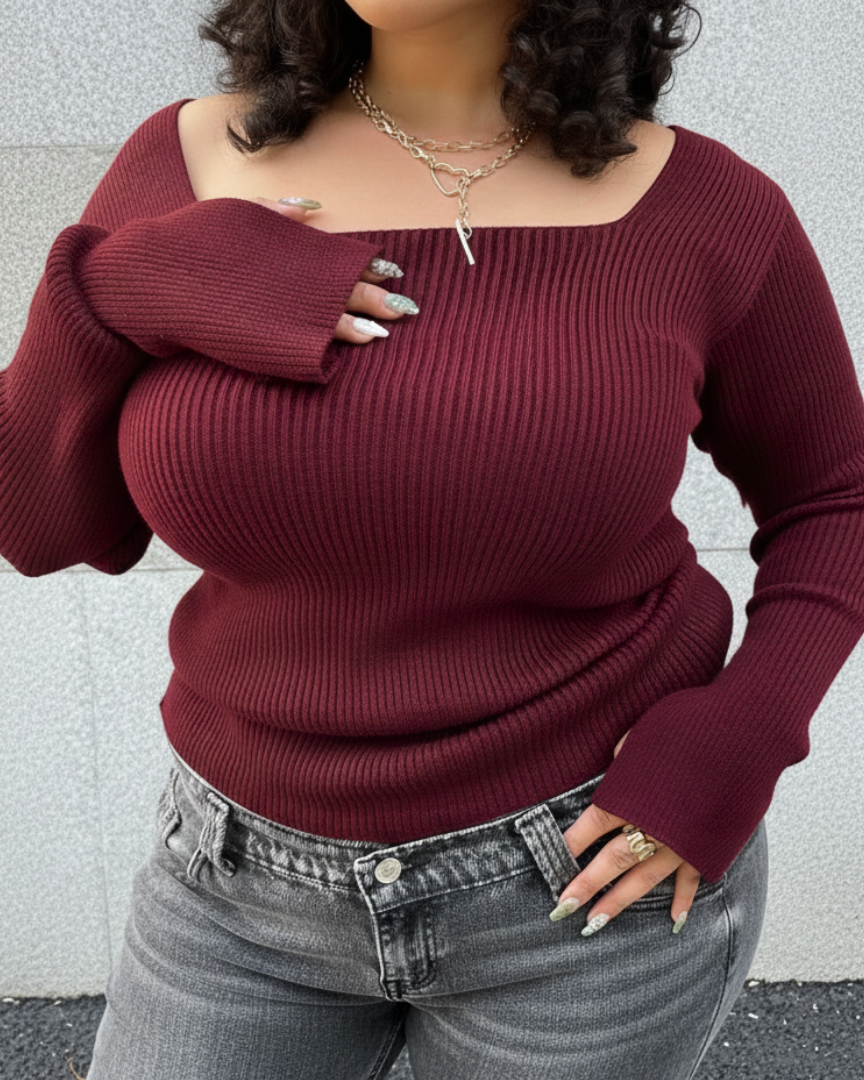 Square Neck Long Sleeve Ribbed Knit Top - Christmas Red